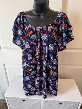 Terra & Sky Navy Floral Blouse with Pink and Orange Accents